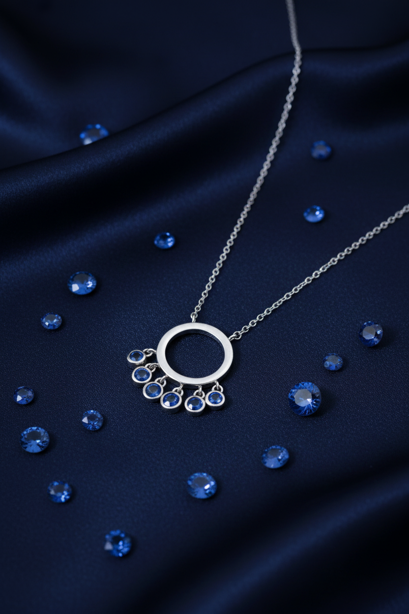 925 Sterling Silver Sapphire Circle Charm Necklace navy sapphire elegance shoot
