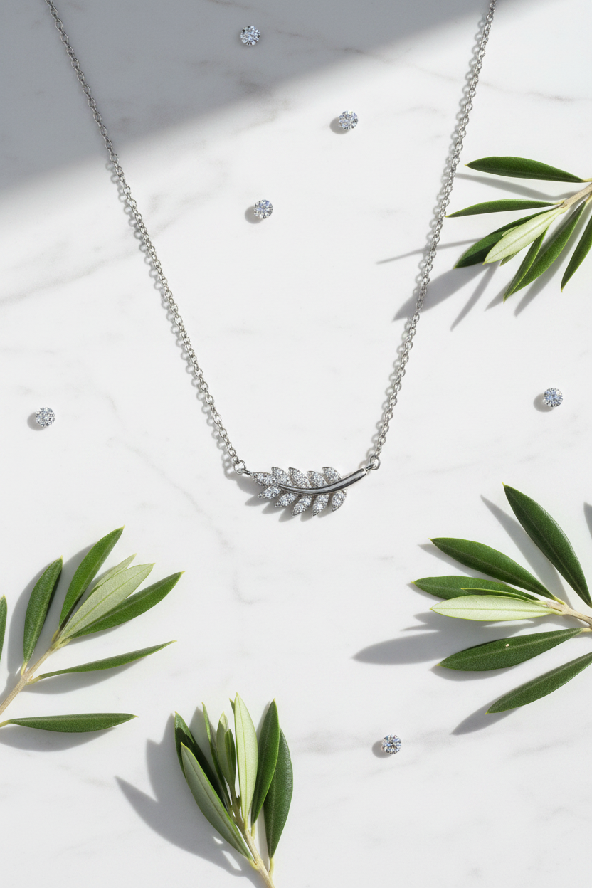 925 Sterling Silver CZ Diamond Olive Branch Necklace white marble olive branch botanical elegance shoot