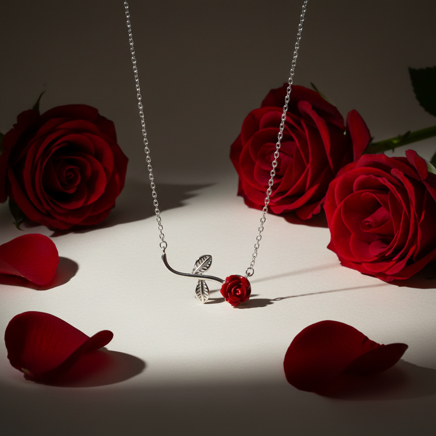 925 Sterling Silver Red Rose Necklace elegant luxury floral shot