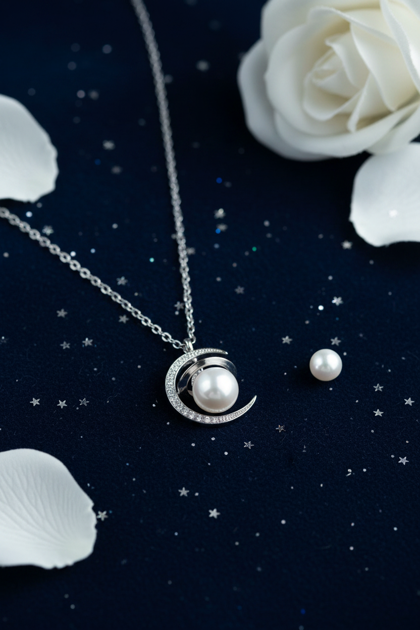 925 Sterling Silver Pearl Moon Saturn Necklace navy velvet stars pearl rose elegance shoot