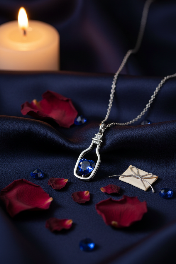 925 Sterling Silver Blue Heart Bottle Necklace love letter rose petals sapphire elegance shoot