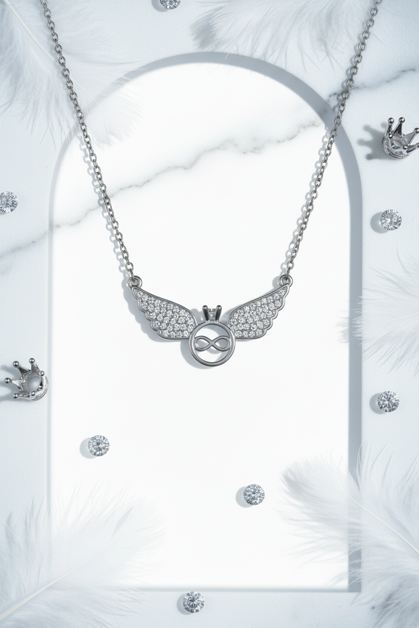 925 Sterling Silver Angel Wings Infinity Necklace white marble feathers diamonds elegance shoot