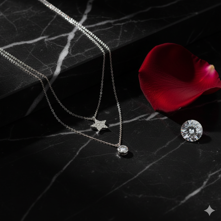 Layered Star & Solitaire Necklace Set - Dark Editorial