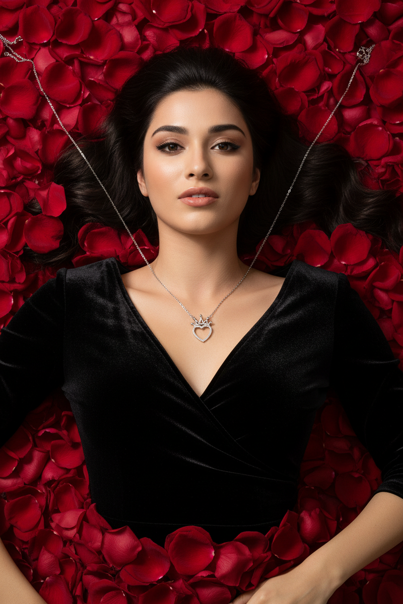 Crown Heart Necklace Overhead Rose Petals