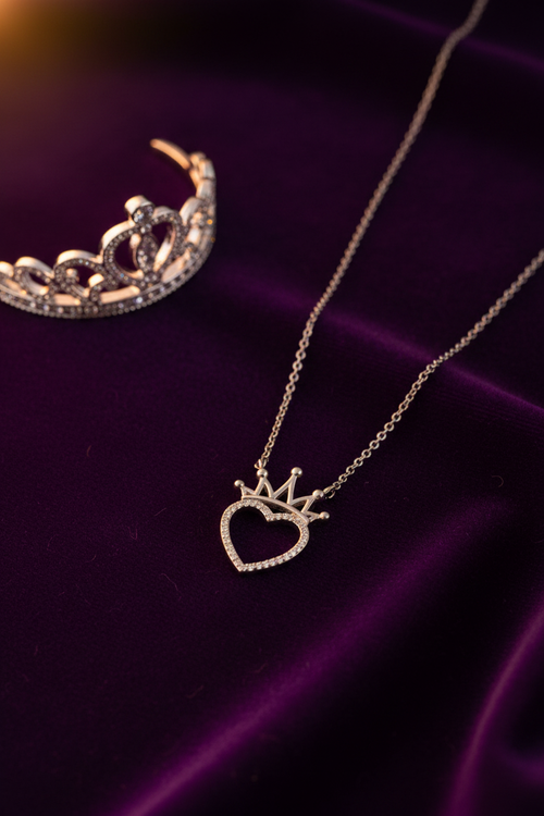 925 Sterling Silver Crown Heart Necklace | CZ Diamond Royal Pendant