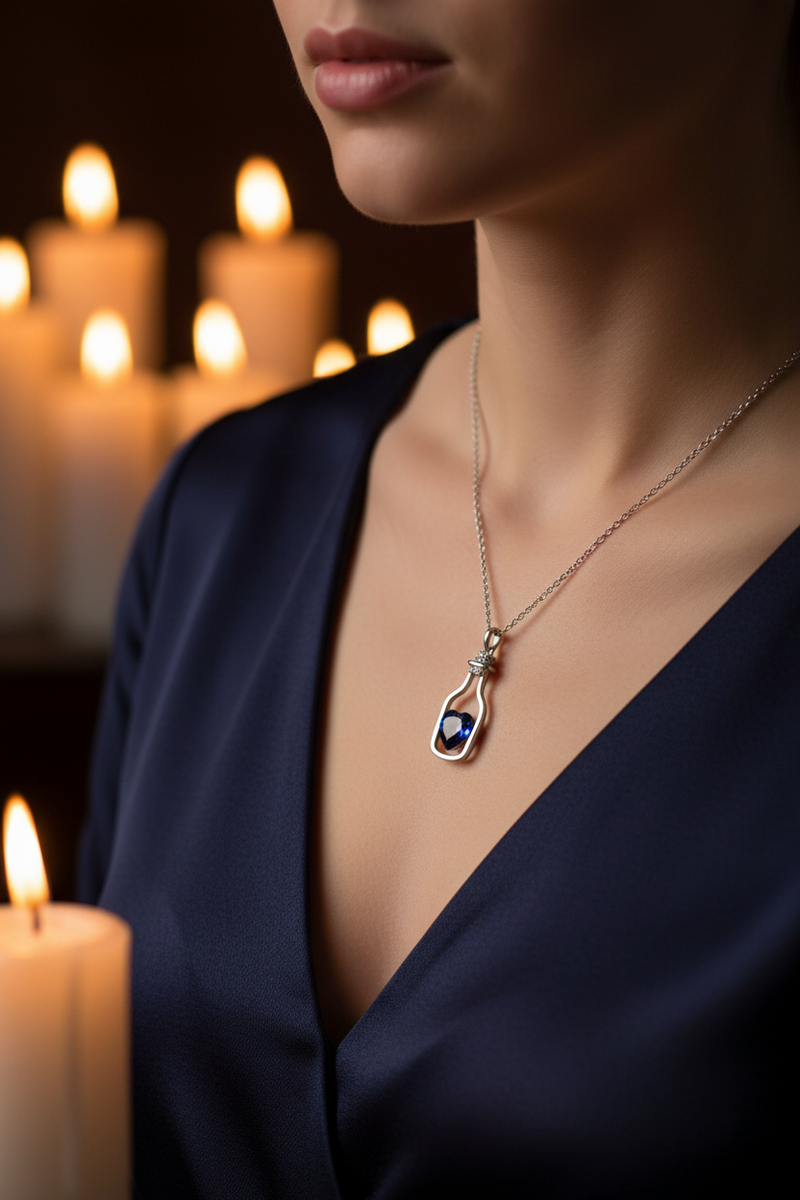 925 Sterling Silver Blue Heart Bottle Necklace candlelit romantic navy silk modeling shoot