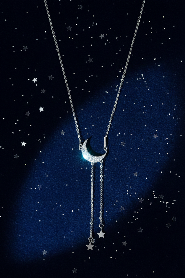 925 Sterling Silver Moon Star Lariat Necklace navy velvet celestial elegance shoot