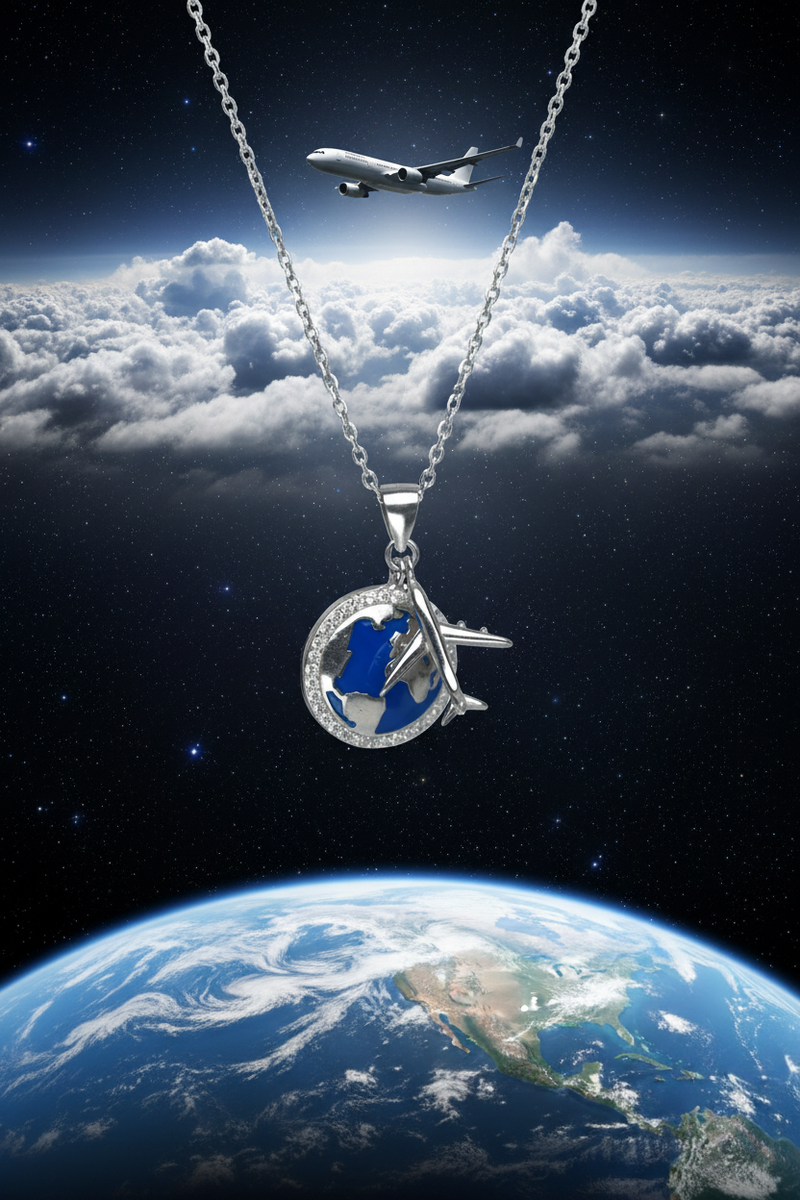 925 Sterling Silver Blue Enamel Globe Airplane Necklace floating above planet Earth space creative shoot