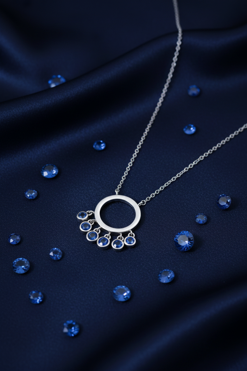 925 Sterling Silver Sapphire Circle Charm Necklace | Blue Gemstone Pendant