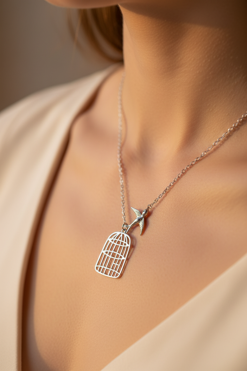 925 Sterling Silver Bird and Birdcage Necklace close-up lifestyle shoot