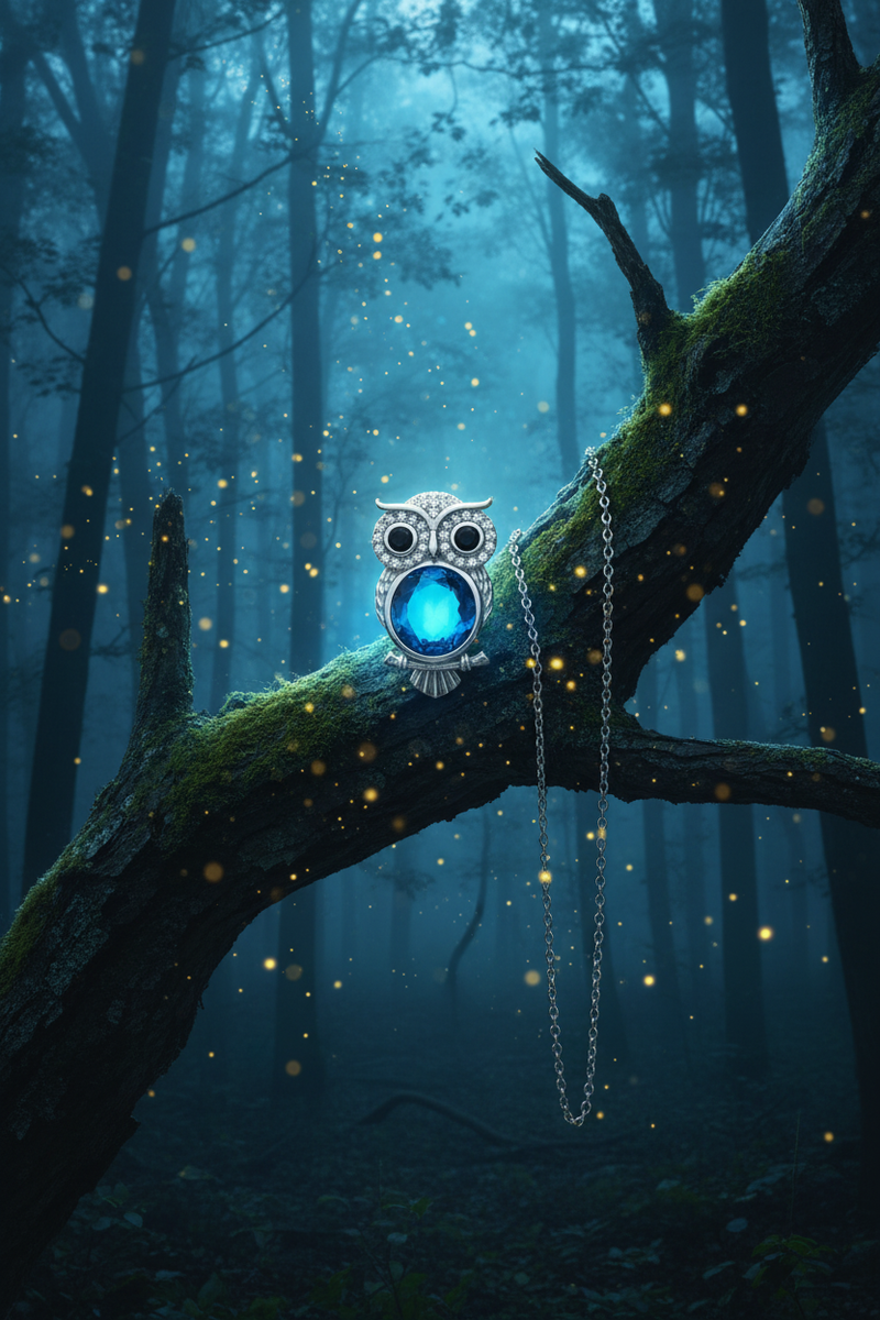 925 Sterling Silver Blue Topaz Owl Necklace enchanted moonlit forest creative shoot