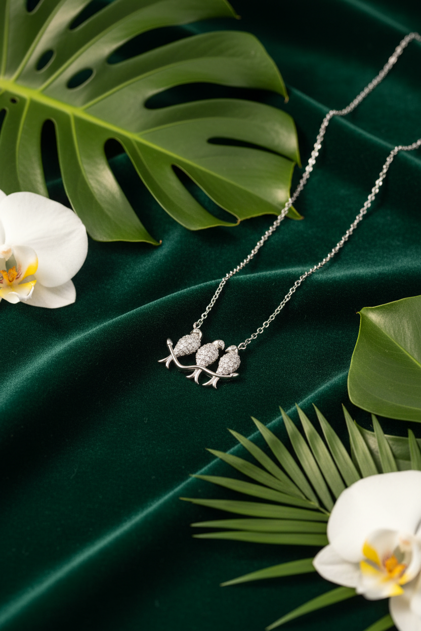 925 Sterling Silver Three Parrots Necklace emerald velvet tropical elegance shoot