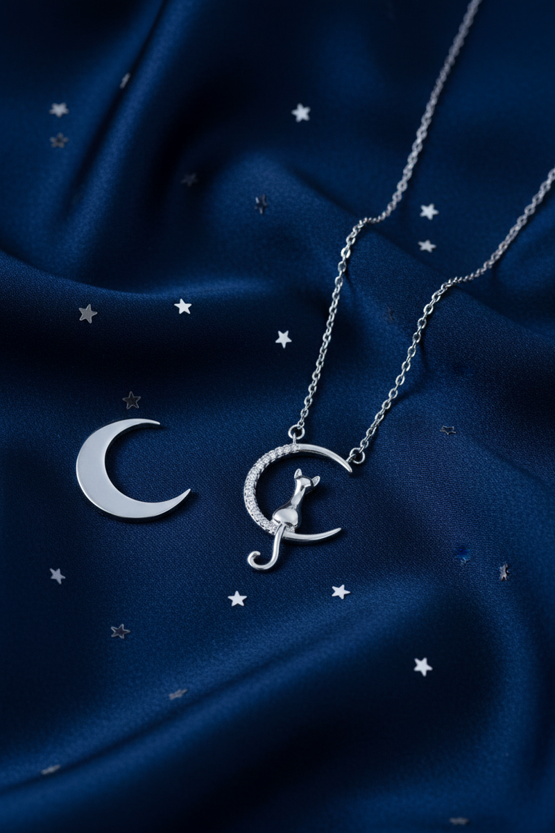 925 Sterling Silver Cat Moon Necklace celestial navy star elegance shoot