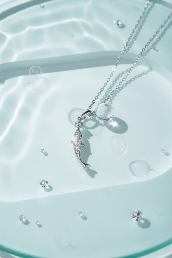 925 Sterling Silver CZ Diamond Dolphin Necklace ocean sea glass elegance shoot