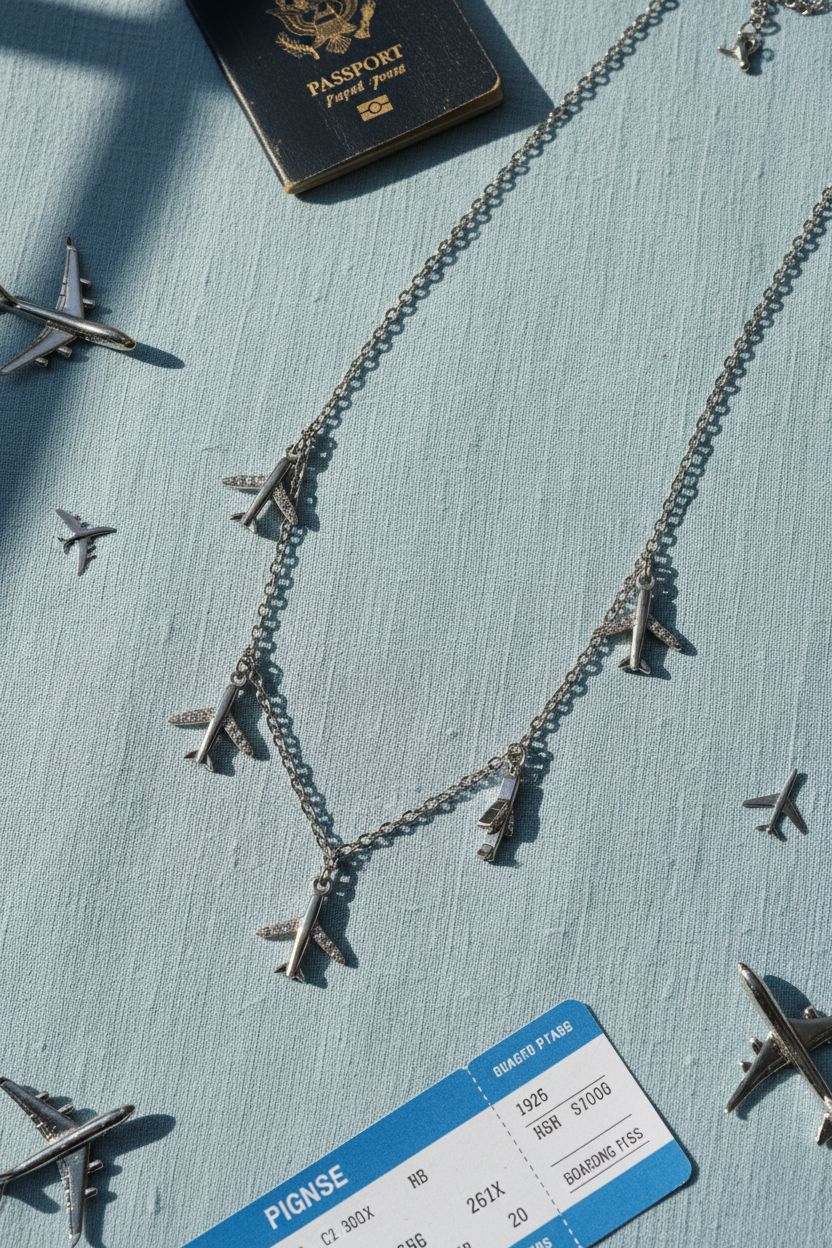 925 Sterling Silver Five Airplane Charm Necklace passport boarding pass travel elegance shoot