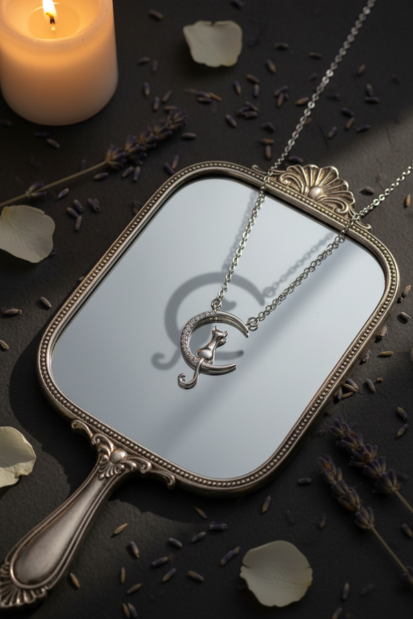 925 Sterling Silver Cat Moon Necklace antique mirror candlelight shadow surprise shoot