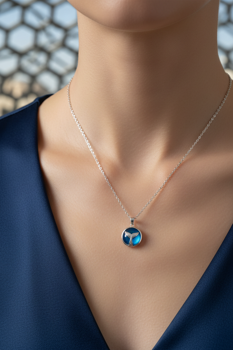 925 Sterling Silver Blue Whale Tail Necklace close-up modeling shoot at Louvre Abu Dhabi