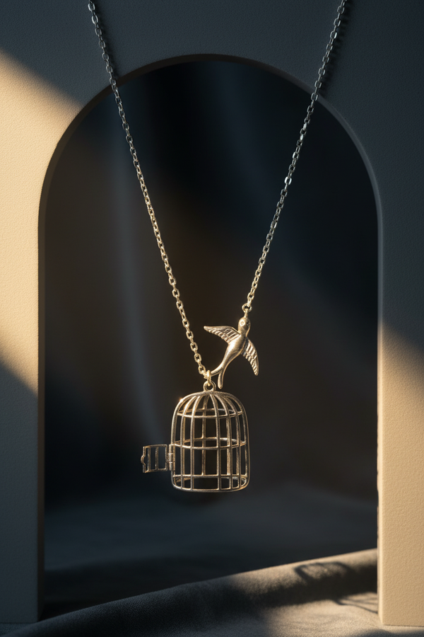 925 Sterling Silver Bird and Birdcage Necklace luxury editorial shoot