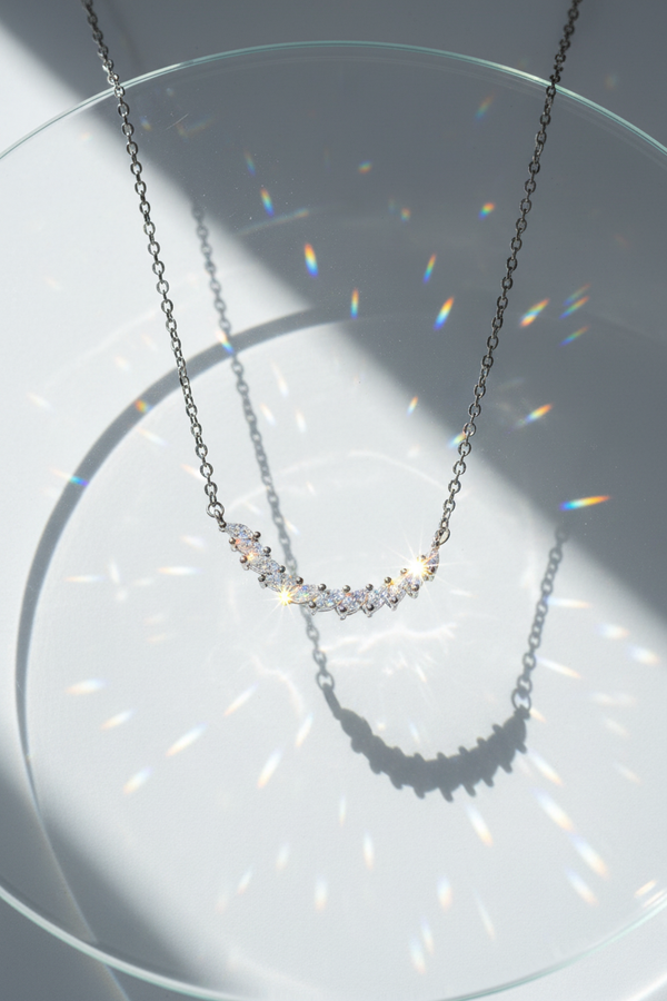 925 Sterling Silver Curved CZ Diamond Bar Necklace crystal glass rainbow prism shoot