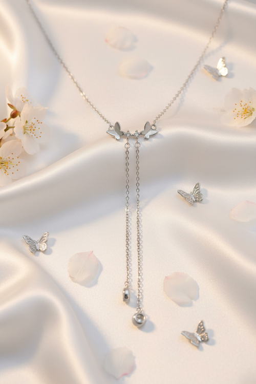 925 Sterling Silver Double Butterfly Lariat Necklace | CZ Diamond Adjustable Drop Pendant