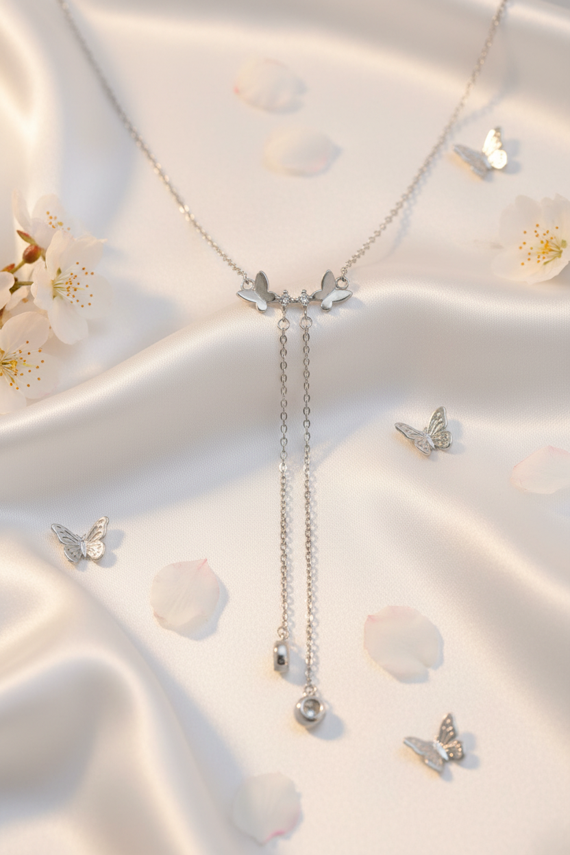 925 Sterling Silver Double Butterfly Lariat Necklace white silk cherry blossom elegance shoot