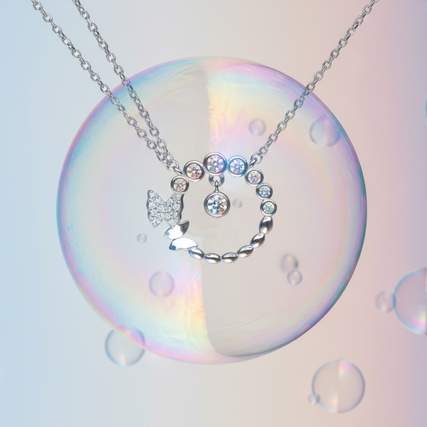 925 Sterling Silver Bubble Circle Butterfly Necklace inside giant soap bubble creative shoot