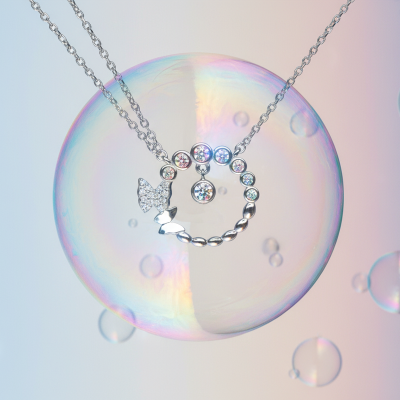 925 Sterling Silver Bubble Circle Butterfly Necklace inside giant soap bubble creative shoot