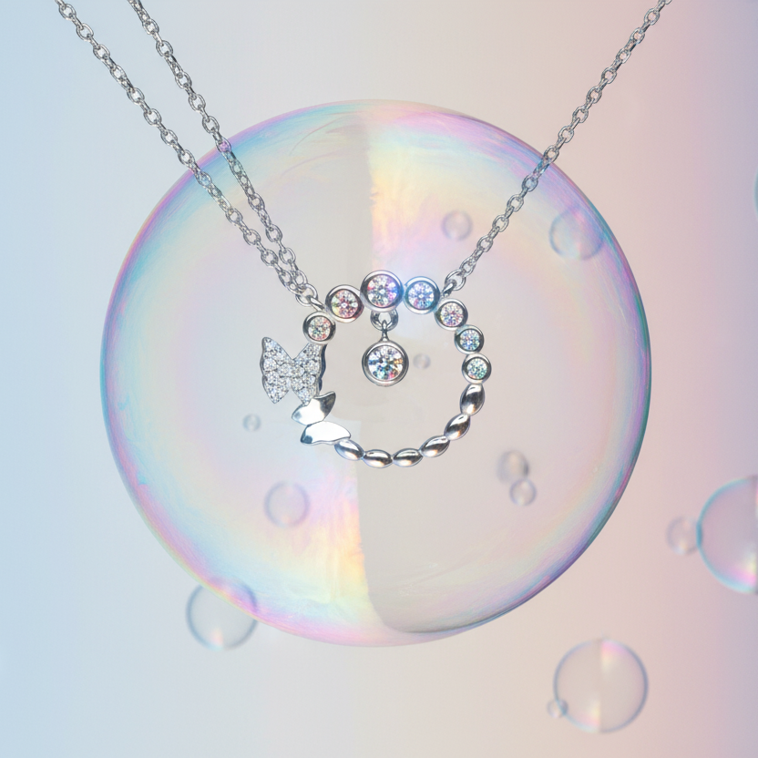 925 Sterling Silver Bubble Circle Butterfly Necklace inside giant soap bubble creative shoot