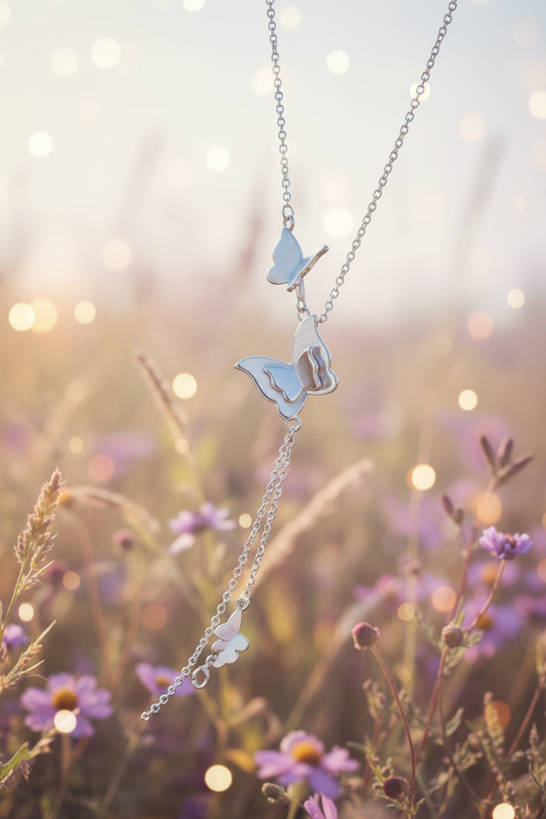 925 Sterling Silver Triple Butterfly Lariat Necklace flying butterflies meadow creative shoot