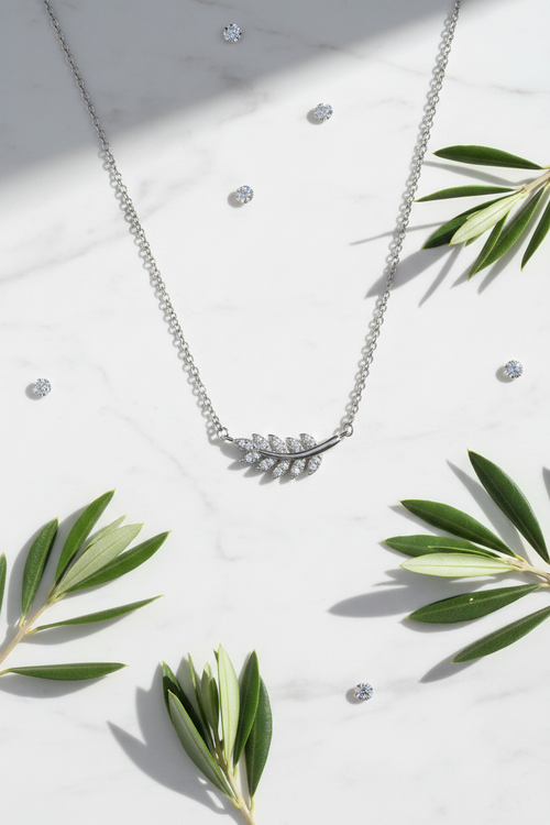 925 Sterling Silver CZ Diamond Olive Branch Necklace | Horizontal Leaf Pendant