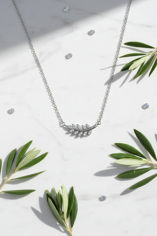 925 Sterling Silver CZ Diamond Olive Branch Necklace white marble olive branch botanical elegance shoot