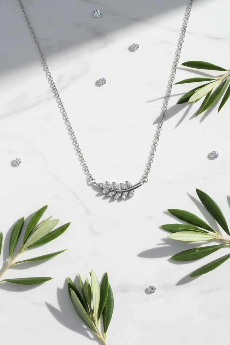 925 Sterling Silver CZ Diamond Olive Branch Necklace | Horizontal Leaf Pendant