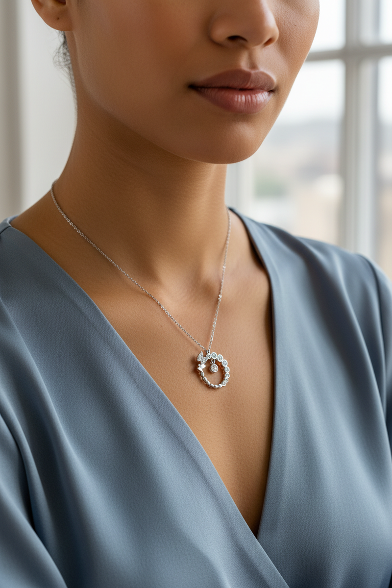 925 Sterling Silver Bubble Circle Butterfly Necklace sage green airy indoor modeling shoot