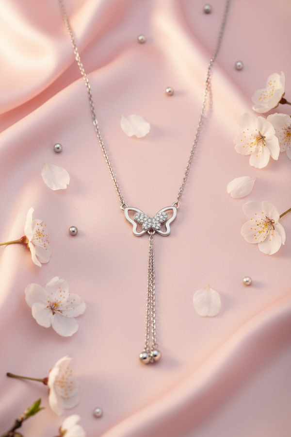 925 Sterling Silver Open Butterfly Lariat Necklace blush pink silk cherry blossom elegance shoot