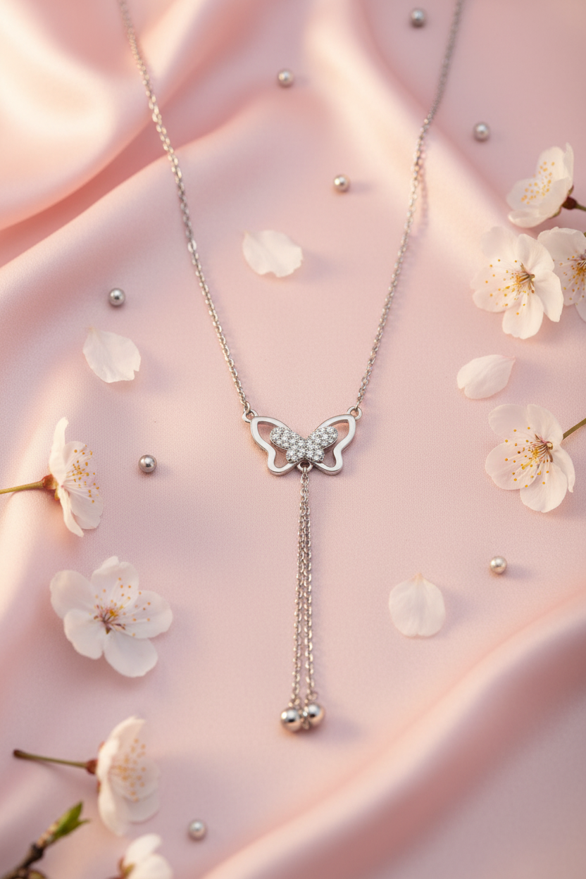 925 Sterling Silver Open Butterfly Lariat Necklace blush pink silk cherry blossom elegance shoot