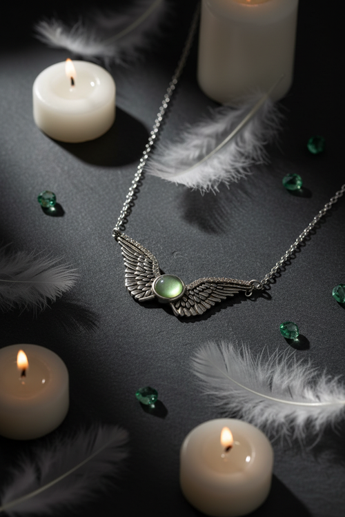 925 Sterling Silver Angel Wings Necklace | Green Moonstone & CZ Diamond Pendant