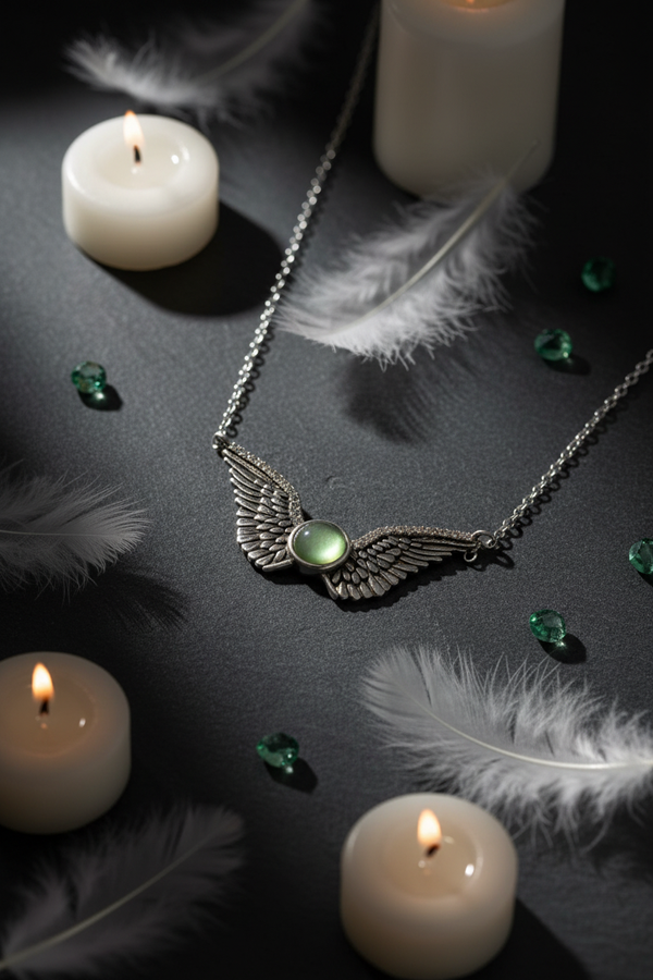 925 Sterling Silver Angel Wings Moonstone Necklace dark charcoal feathers candlelight moody shoot