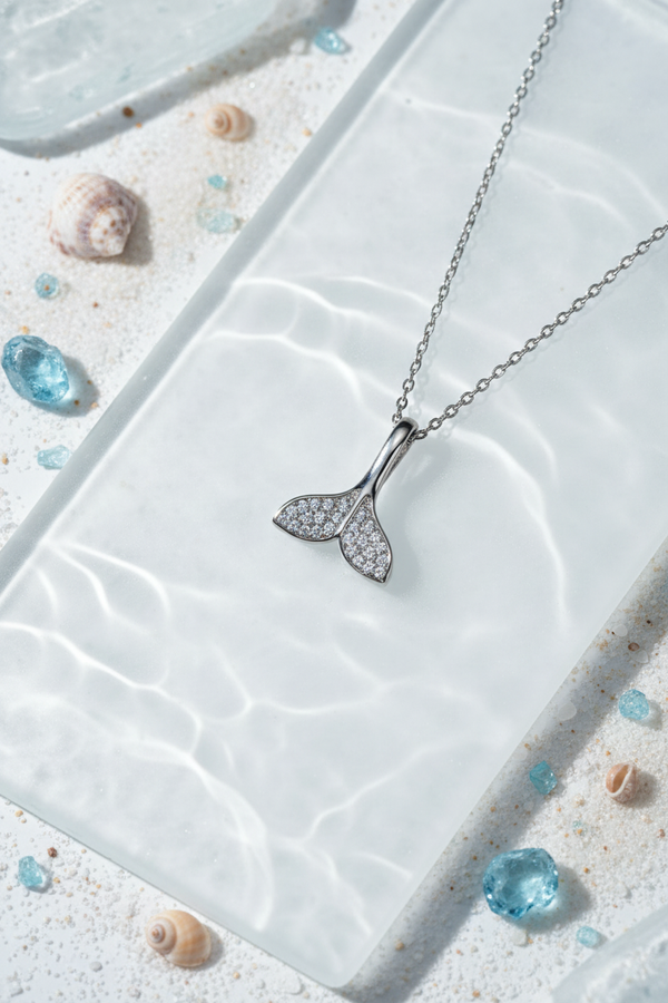 925 Sterling Silver CZ Diamond Whale Tail Necklace sea glass seashells ocean elegance shoot