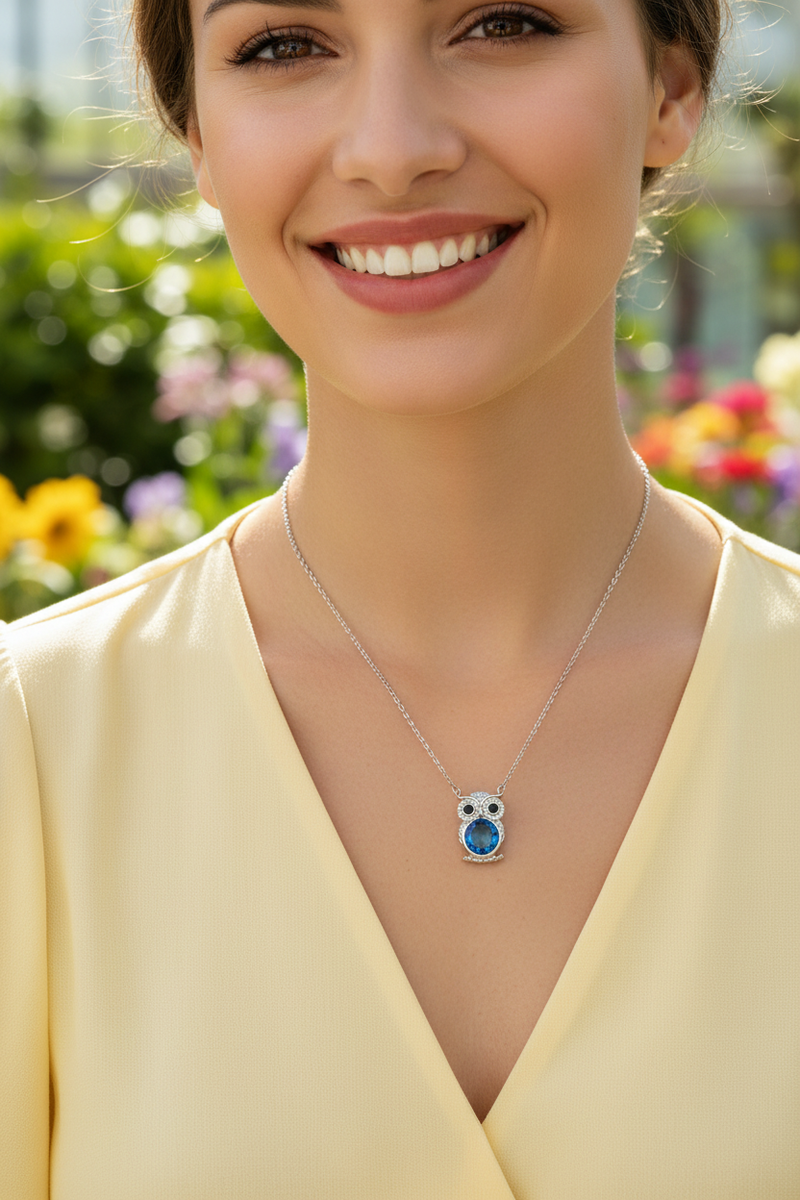 925 Sterling Silver Blue Topaz Owl Necklace bright botanical garden model shoot