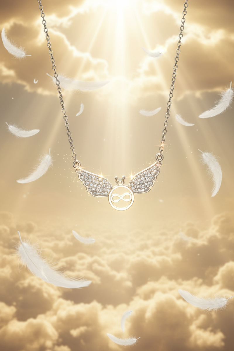 925 Sterling Silver Angel Wings Infinity Necklace heavenly golden clouds divine light creative shoot