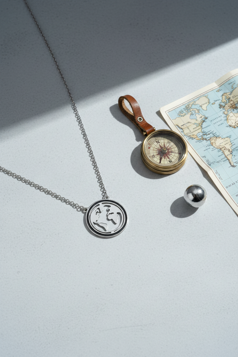 925 Sterling Silver World Map Circle Necklace concrete compass vintage map elegance shoot
