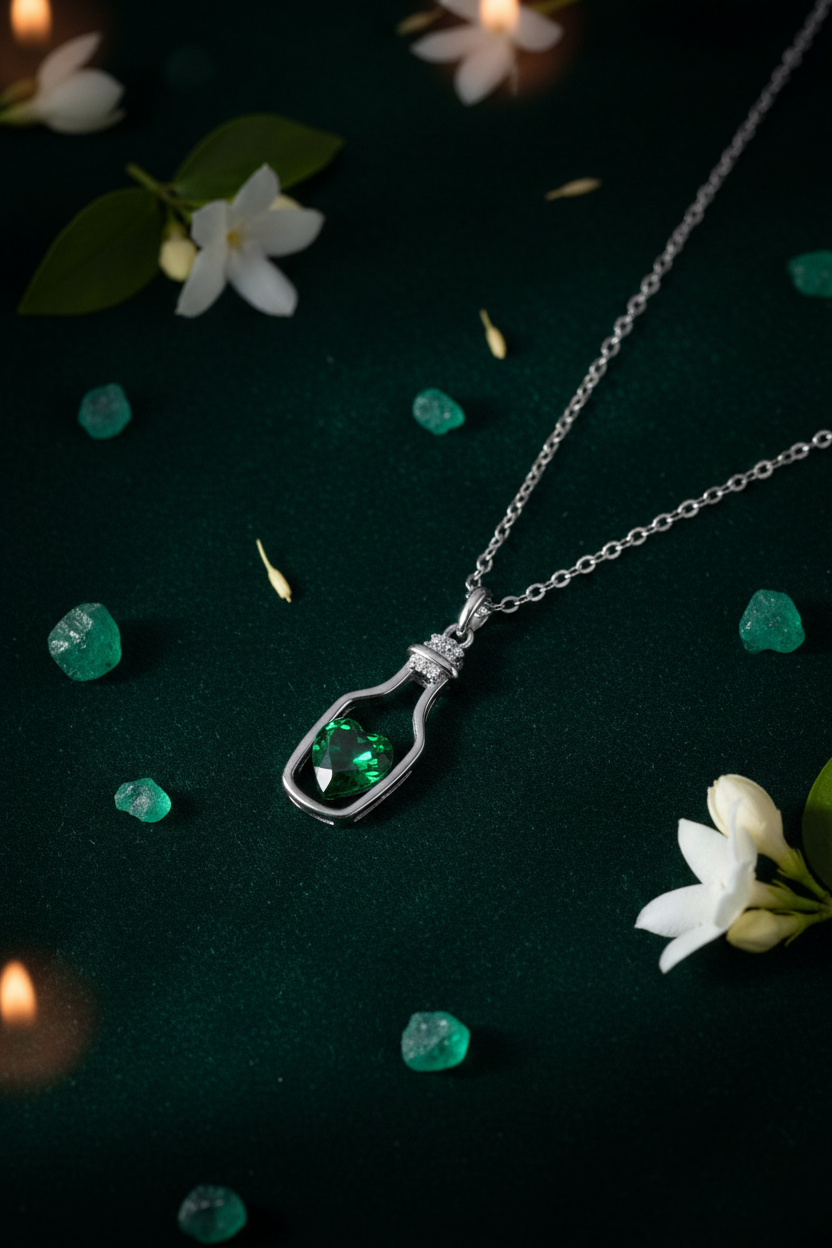 925 Sterling Silver Emerald Green Heart Bottle Necklace forest green velvet jasmine elegance shoot