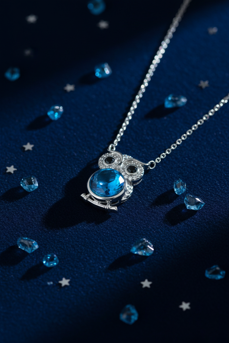 925 Sterling Silver Blue Topaz Owl Necklace midnight blue nocturnal elegance shoot