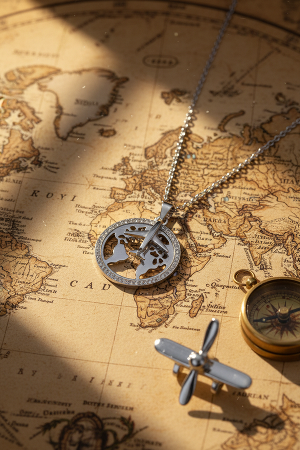 925 Sterling Silver Globe Airplane Necklace vintage world map compass elegance shoot