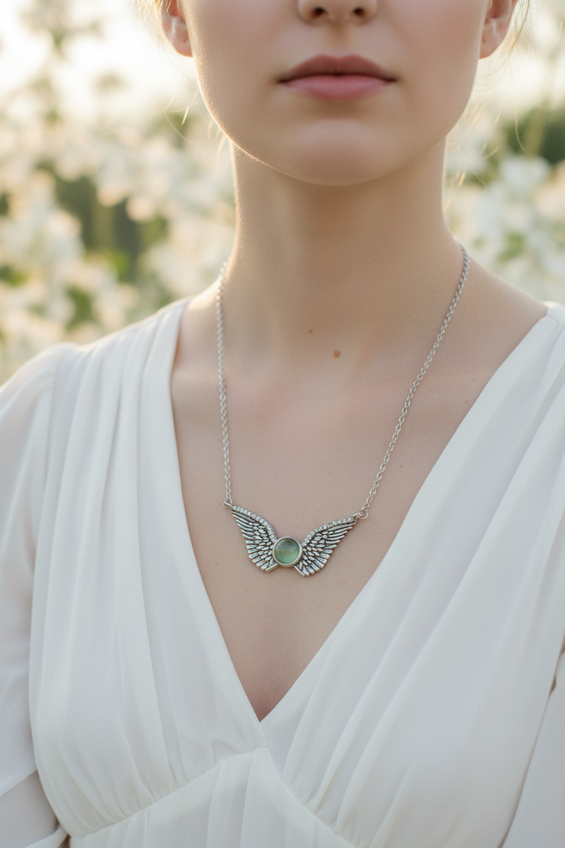 925 Sterling Silver Angel Wings Moonstone Necklace golden hour white chiffon angelic modeling shoot