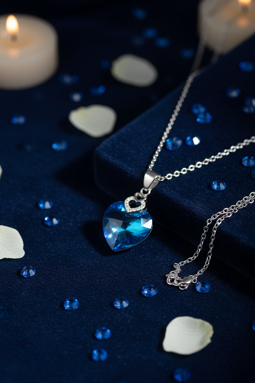 925 Sterling Silver Ocean Blue Crystal Heart Necklace navy velvet candlelight sapphire elegance shoot