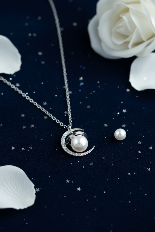 925 Sterling Silver Pearl Moon Saturn Necklace navy velvet stars pearl rose elegance shoot