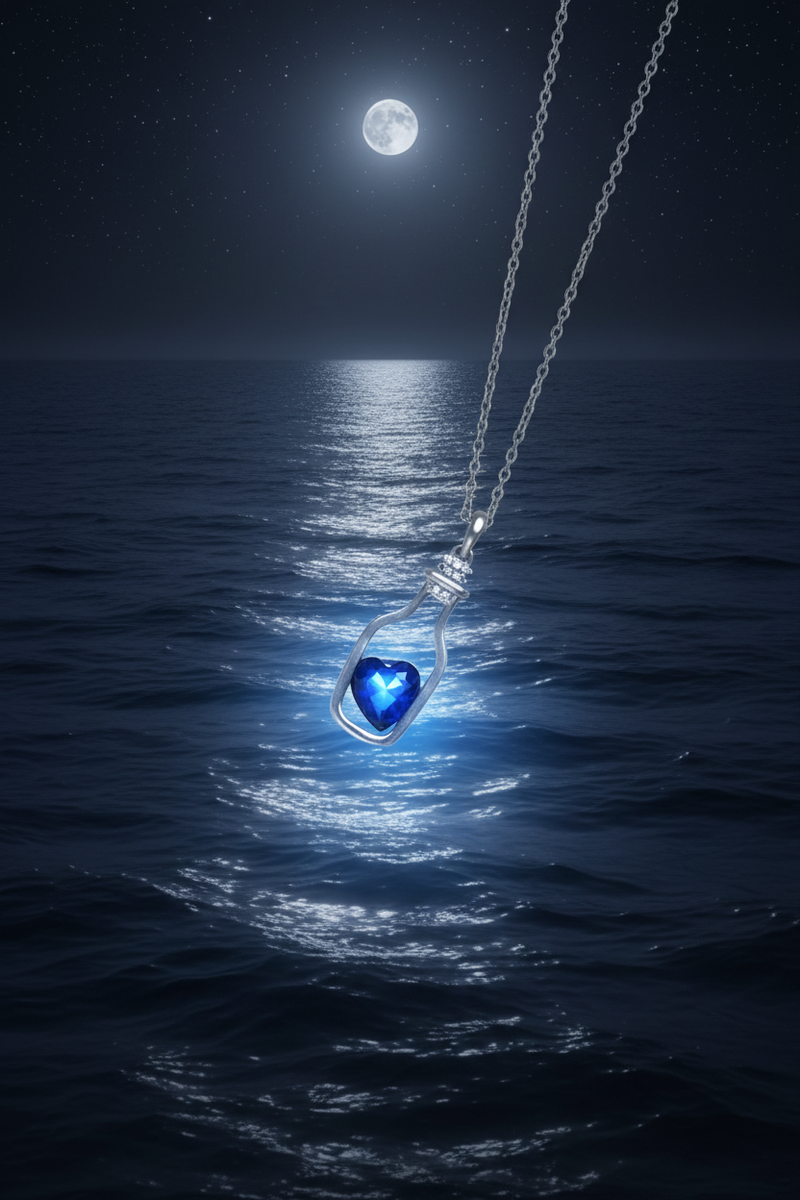 925 Sterling Silver Blue Heart Bottle Necklace message in a bottle moonlit ocean creative shoot