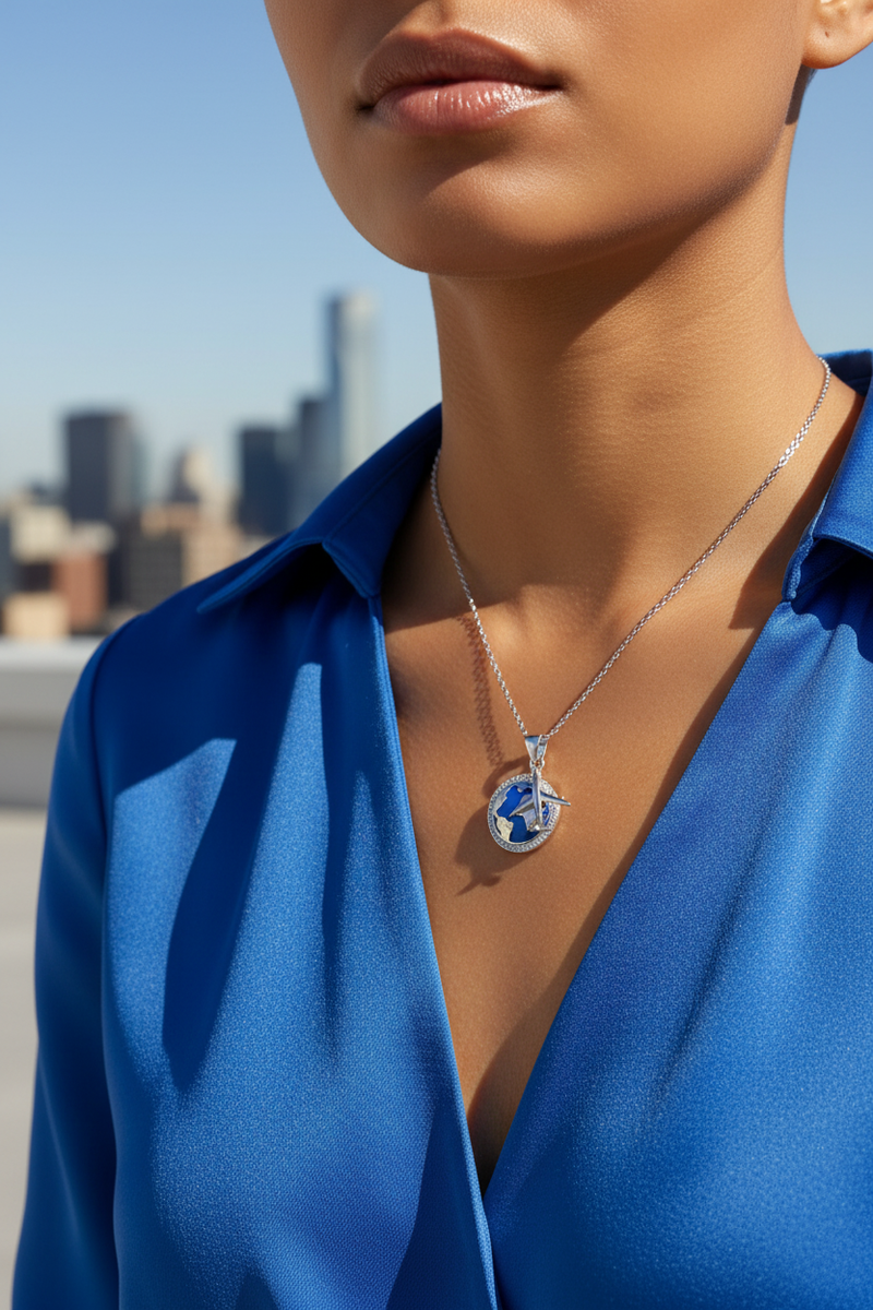 925 Sterling Silver Blue Enamel Globe Airplane Necklace city rooftop blue sky modeling shoot