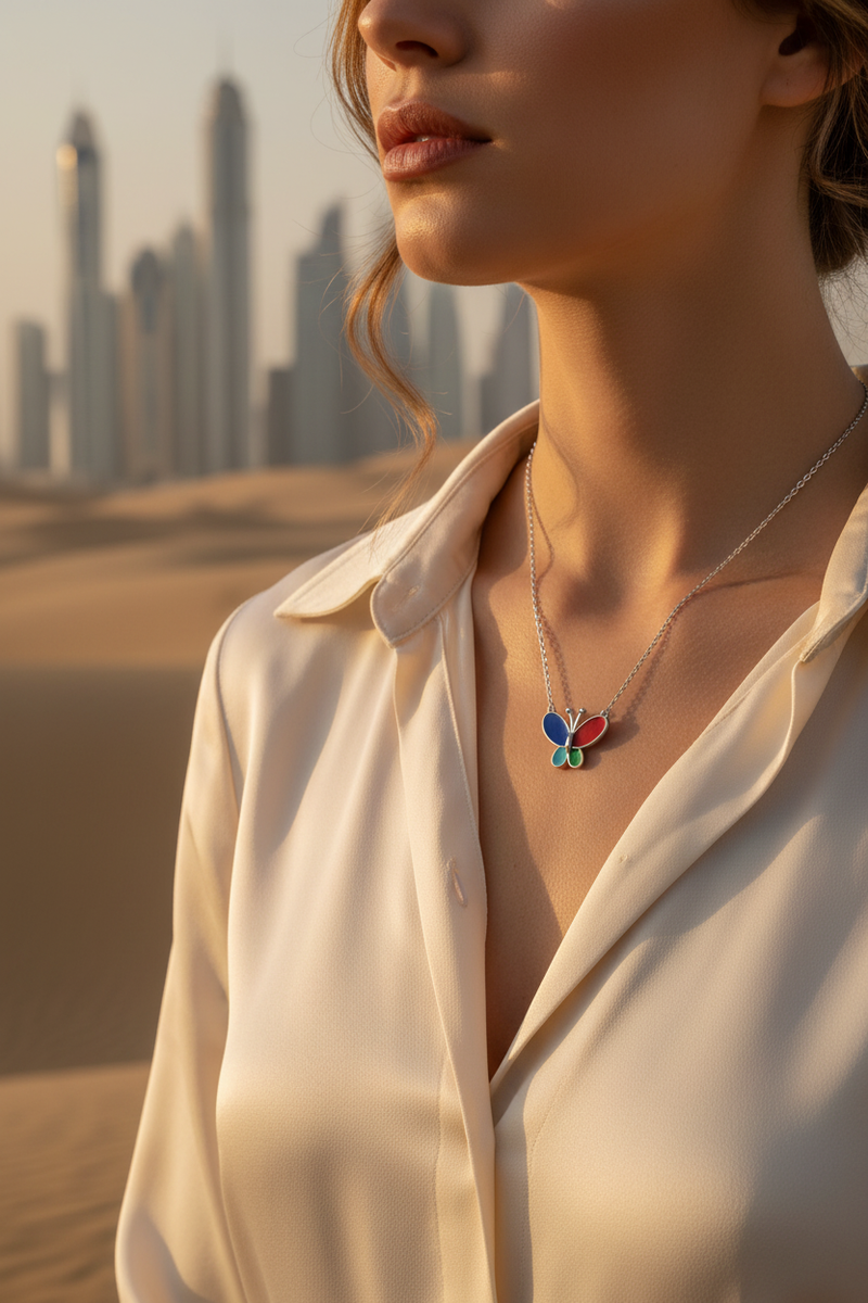 925 Sterling Silver Colorful Butterfly Necklace Dubai lifestyle shoot